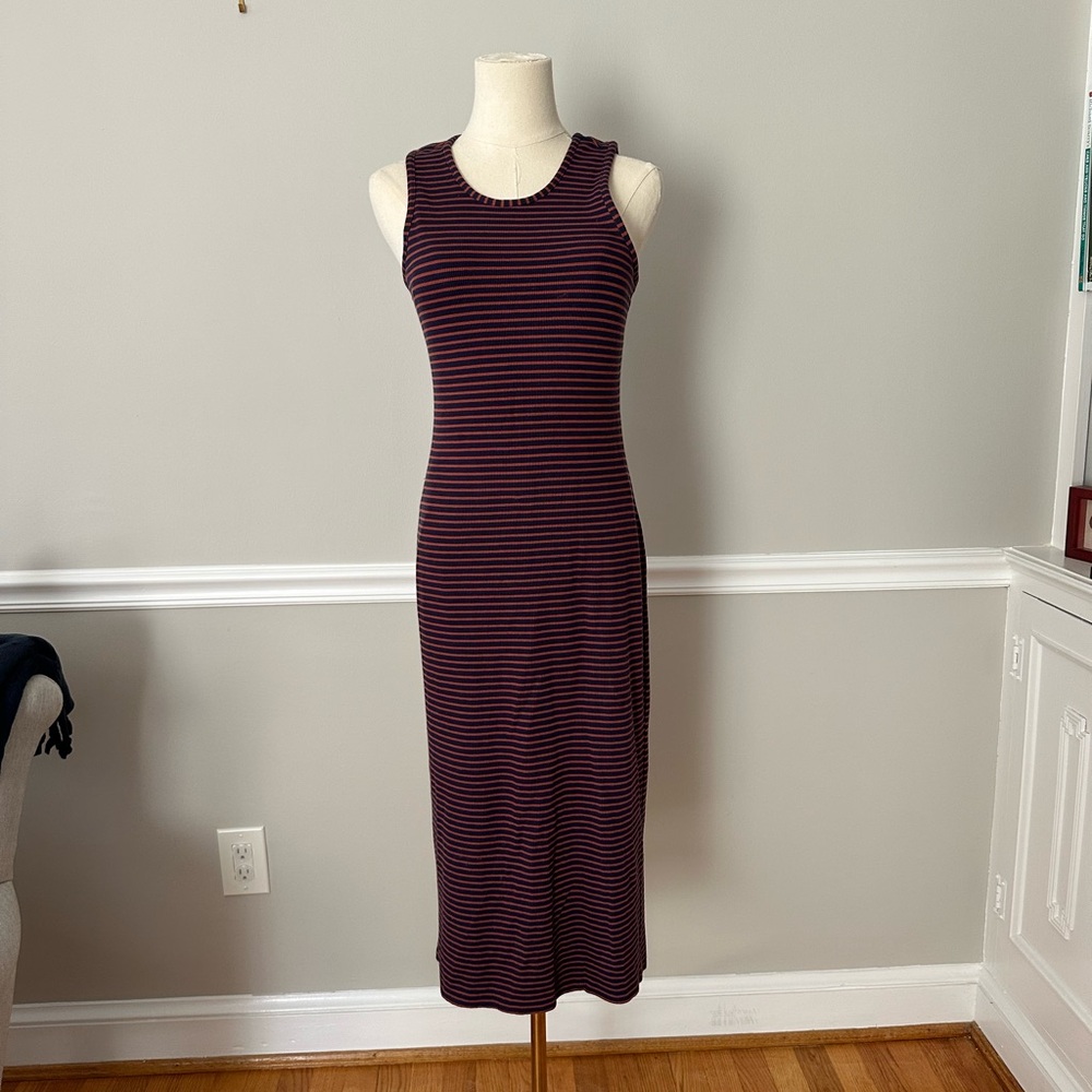 Marine Layer Navy and Orange Striped Midi Dress